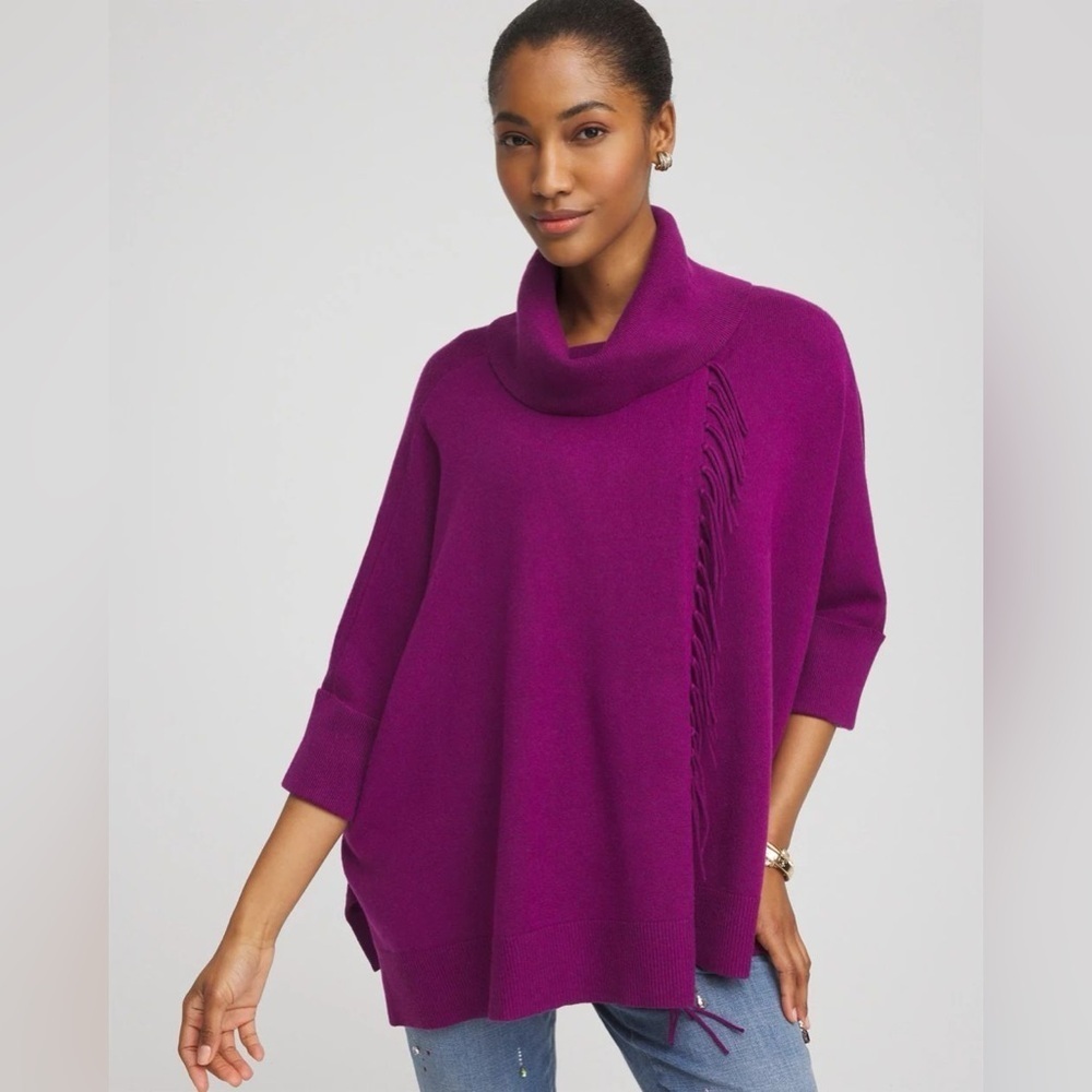 Chico's Cashmere Blend Elegant Purple Cowl Neck Fringe Poncho Sweater Size L/XL